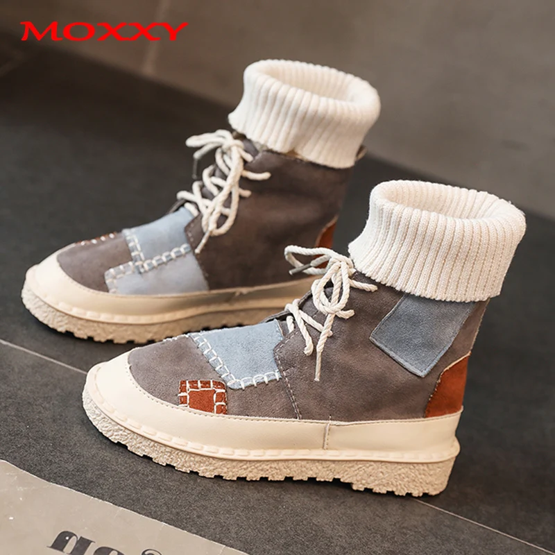 

2019 New Retro Fall Winter Boots Women Shoes Plus Size 43 Gray Ankle Flat Boots Lace Up Sock Martin Boots Design Casual Sneakers