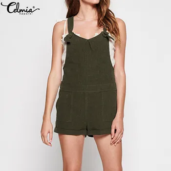 

Celmia Vintage Women Jumpsuits 2020 Summer Sexy Straps Backless Cotton Short Rompers Casual Loose Buttons Plus Size Overalls 5XL