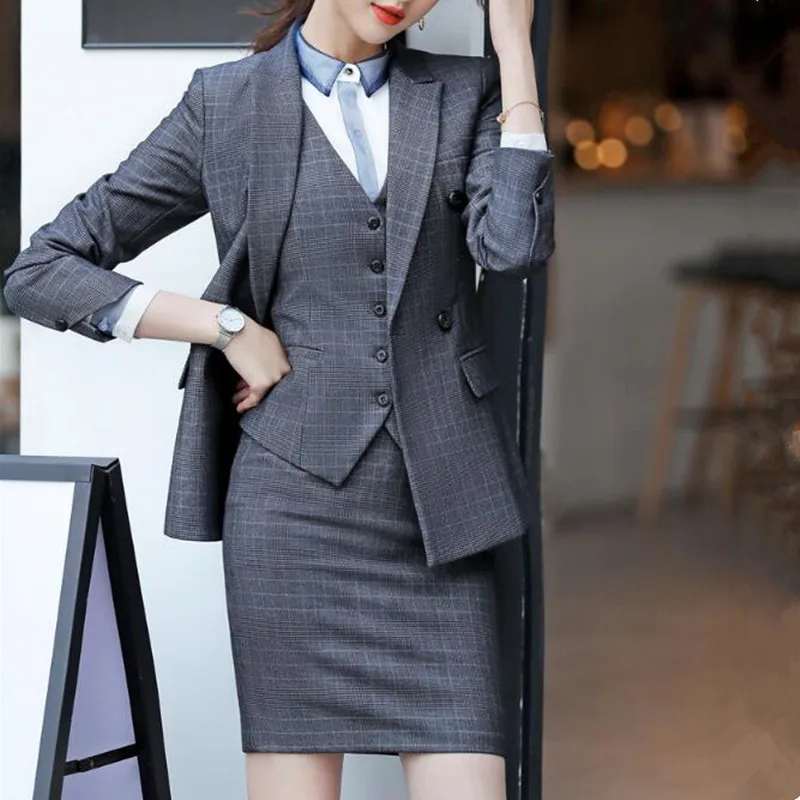 

Mini Skirt Suits Women Double Breasted Plaid Blazer Jacket Vest Waistcoat 3 Piece Set Business Formal Work Office Ladies Wear