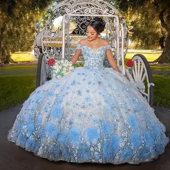 2021 Baby Blue Sweet 16 Quinceañera vestidos para niñas 3D flores encaje escote con forma de corazón de encaje-up Ball Gown vestidos de 15 años 2020