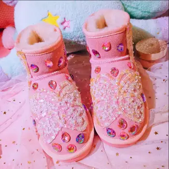 

Handmade sweet sequin butterfly flat female cotton shoes leather sheep fur one snow boots