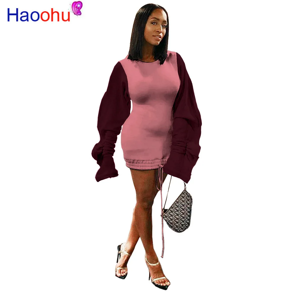 

Ruffle Puff Sleeve Casual Hoodie Dress Women Drawstring Split Long Sleeve Sweatshirt Dress Autumn Winter Fleece Plus Size Dress