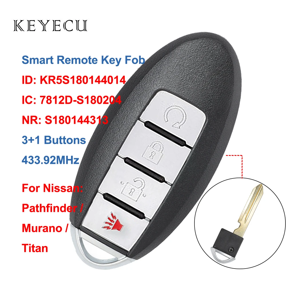 

S180144313 KR5S180144014 Smart Remote Car Key Fob Replacement 4 Buttons 433.92MHz for Nissan Murano Pathfinder Titan