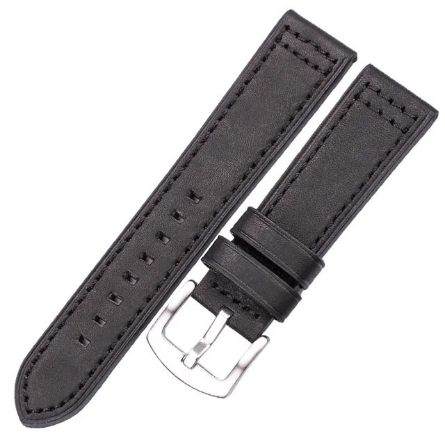 HENGRC Genuine Leather Watchbands Bracelet Black Blue Gray Brown Cowhide Watch Strap For Women Men 18 20mm 22mm 24mm Wrist Band Black silver buckle