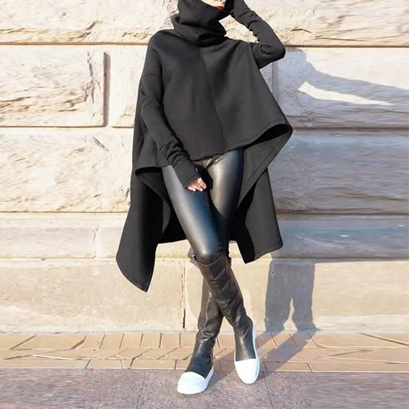 Женские толстовки с капюшоном, ZANZEA, модные топы, Sudaderas Harajuku, ассиметричные толстовки, толстовка с высоким воротником, уличная одежда, 5XL - Цвет: Серый