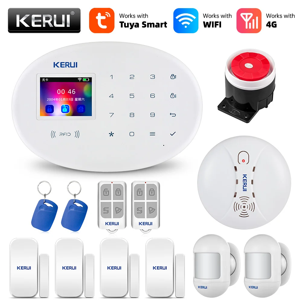 sound alarm device KERUI Tuya WIFI GSM 4G Smart Home Security Alarm System RFID APP Wireless Siren Sensor Detector IP Camera Sistema de alarmas security led lights Alarms & Sensors