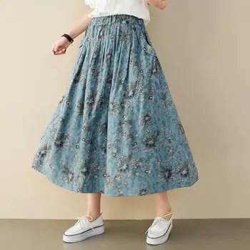 

KYQIAO женские юбки women winter autumn Japanese style vintage boho long blue green printed midi skirt