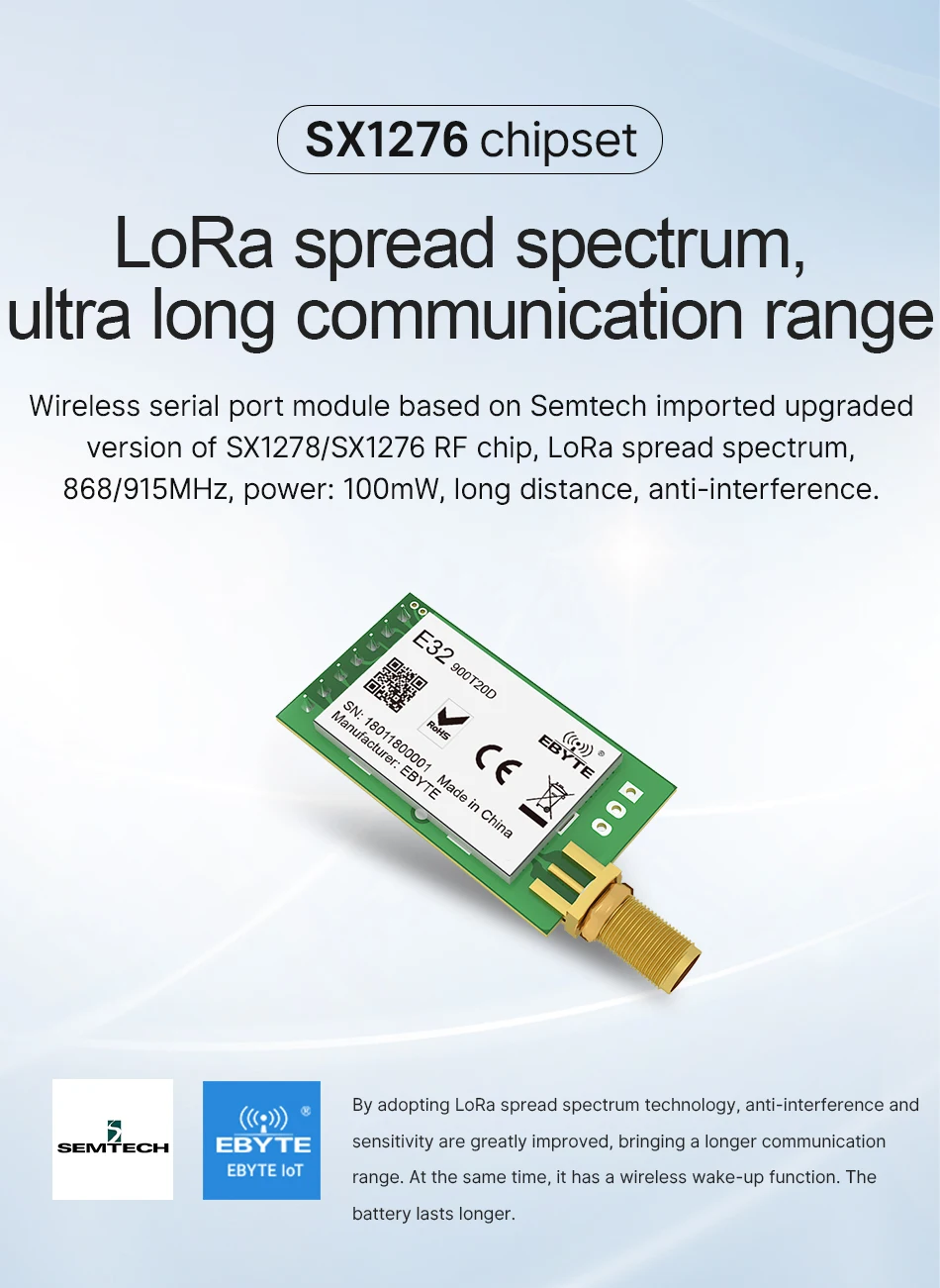 E32-900T20D-V8.0 LoRa SX1276 Module RF UART 868/915MHz 20dBm 5.5km Wireless Transceiver Transmitter Receiver Module For IOT