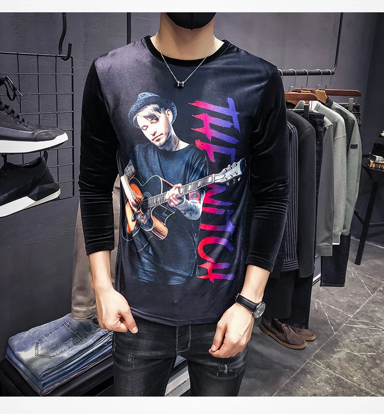 Модная бархатная футболка с принтом певицы, Homme, Клубная одежда, Королевская Футболка, Мужская Роскошная приталенная велюровая футболка с длинными рукавами и круглым вырезом