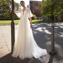 Liyuke свадебное платье трапециевидной формы с волнистым вырезом, кружевной материал, расшитый блестками сзади, иллюзия размера плюс по индивидуальному заказу