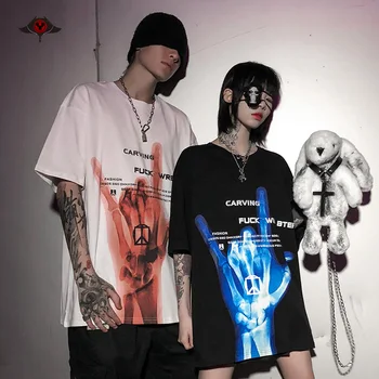 

Harajuku Ghost Print Short Sleeve Women Man Hip Hop T shirt Dark Oversize Loose Couple Tees