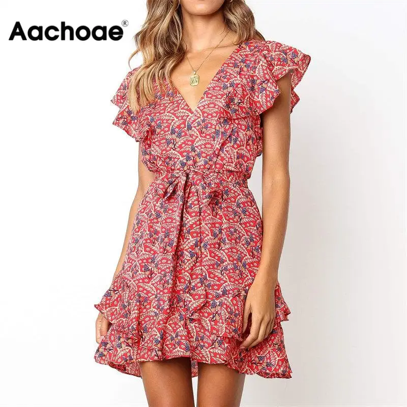 Aachoae Dress Summer 2020 Women Floral Print Sashes Beach Dress Boho Ruffles A-line Mini Sundress Elegant Party Dress Vestidos Aachoae Dress Summer 2020 Women Floral Print Sashes Beach Dress Boho Ruffles A-line Mini Sundress Elegant Party Dress Vestidos