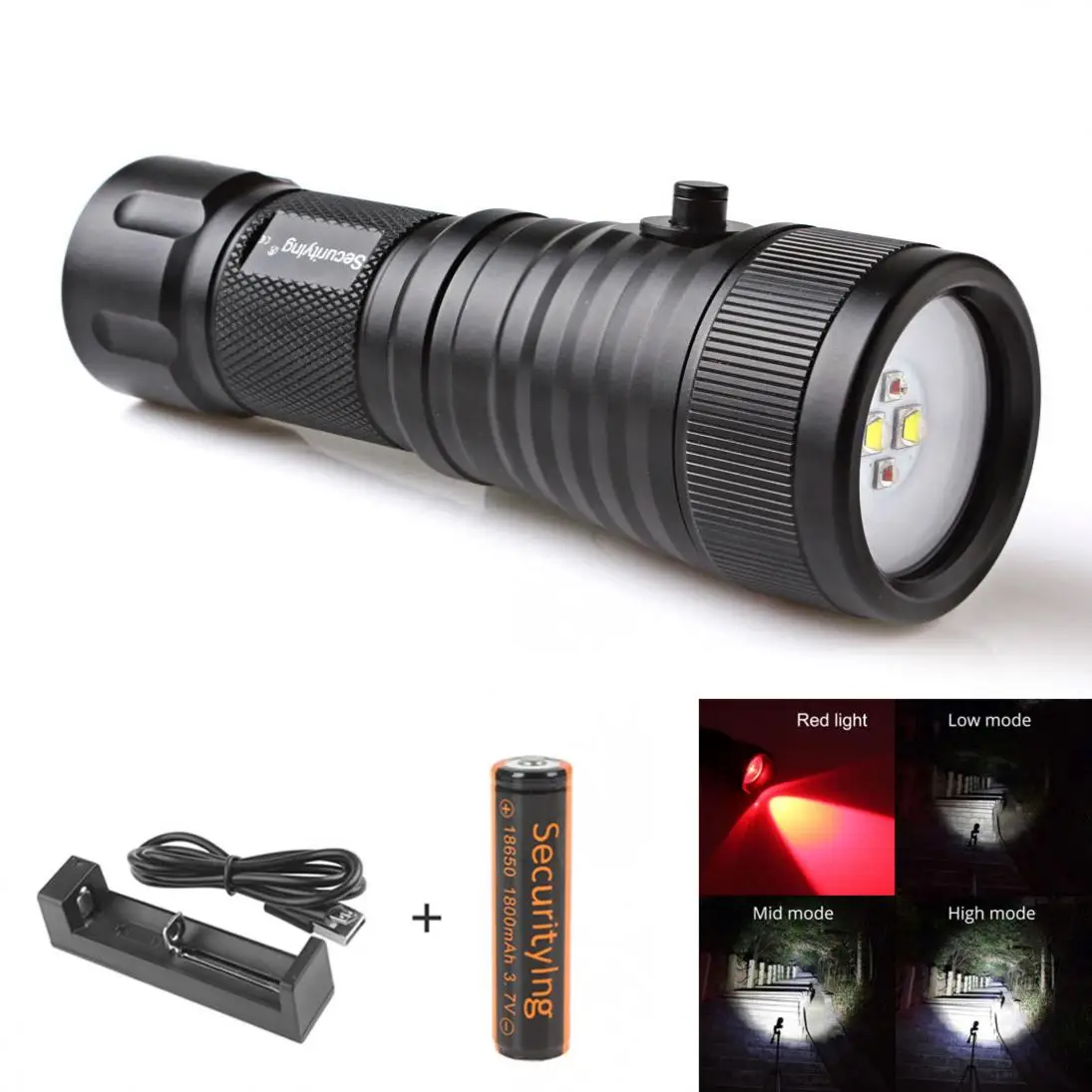 

120 Degrees Angle Scuba 2x XM-L2(U4) White + 2x XP-E R5 Red LEDs 18650 Battery Diving Photography Video Flashlight