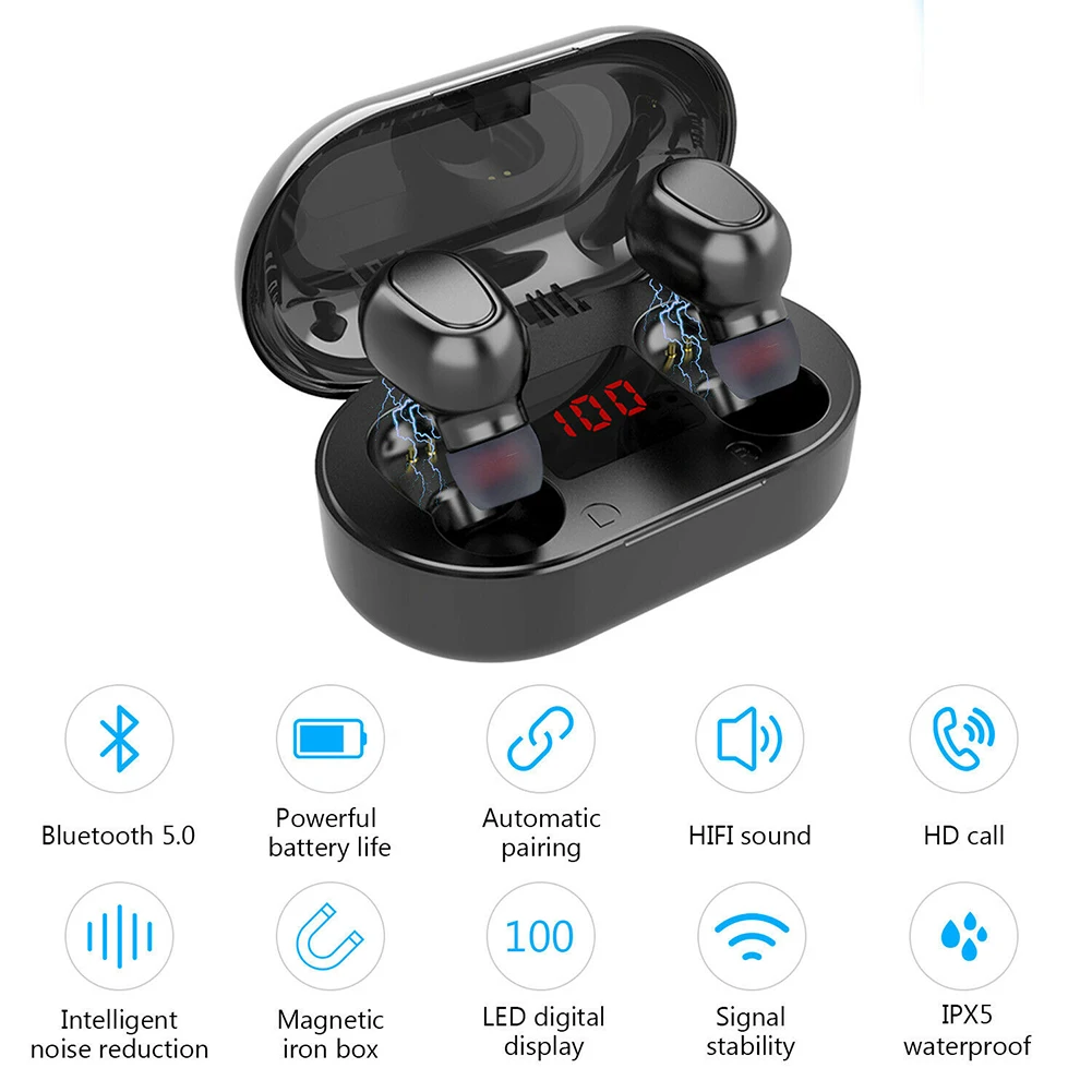 Led Digital Display Tws Wireless Earphone Bluetooth 5 0 Headset In Ear Mini Headphones Earbuds High Fidelity Sound High Quality