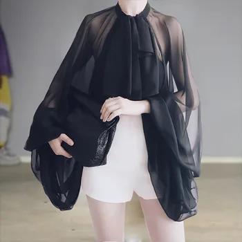 

New Style Temperament Backless Blouses Fashion Oversized Lantern Sleeve Perspective Sexy Wind Elegant Chiffon Shirt Women Cloth