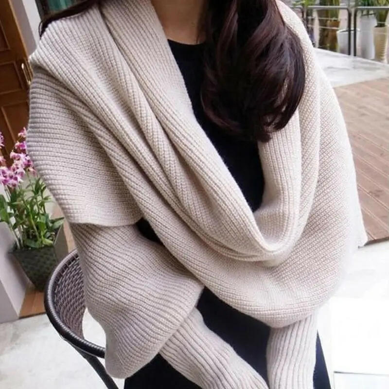 Sciarpa Scaldacollo Con Maniche Donna - Maglia Morbida Multiuso, 220x50cm, Sciarpa-Poncho Invernale - 2