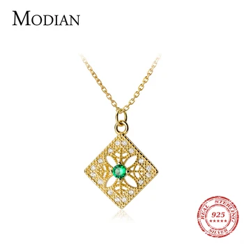 

MODIAN Vintage Green Crystal Square Pendant Necklace For Women 925 Sterling Silver Luxury Wedding Statement Jewelry Accessories