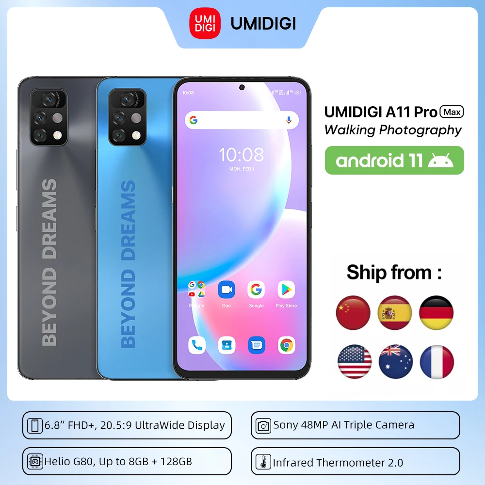 Смартфон UMIDIGI A11 Pro Max глобальная версия MediaTek Helio G80 экран 6 8 дюйма FHD + 4 Гб 128 ГБ