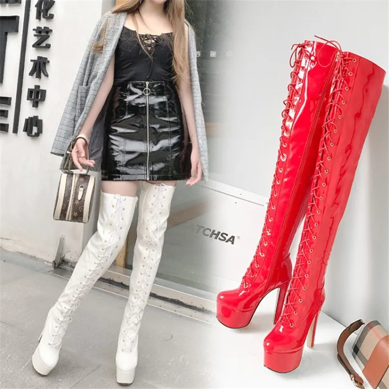 Tall Boots Pointed Toe Fall Going Out Footwear Platform Stiletto Modern 15 cm High Heels Red Bottom Over Knee Boots Silver