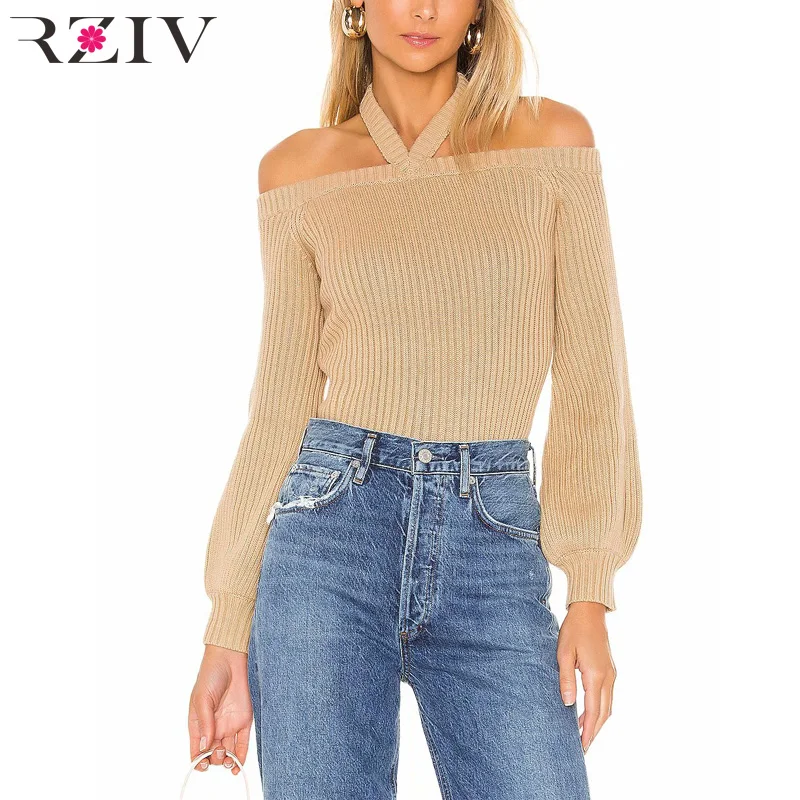 

RZIV Autumn and winter women's sweater casual solid color hanging neck lantern sleeve sweater