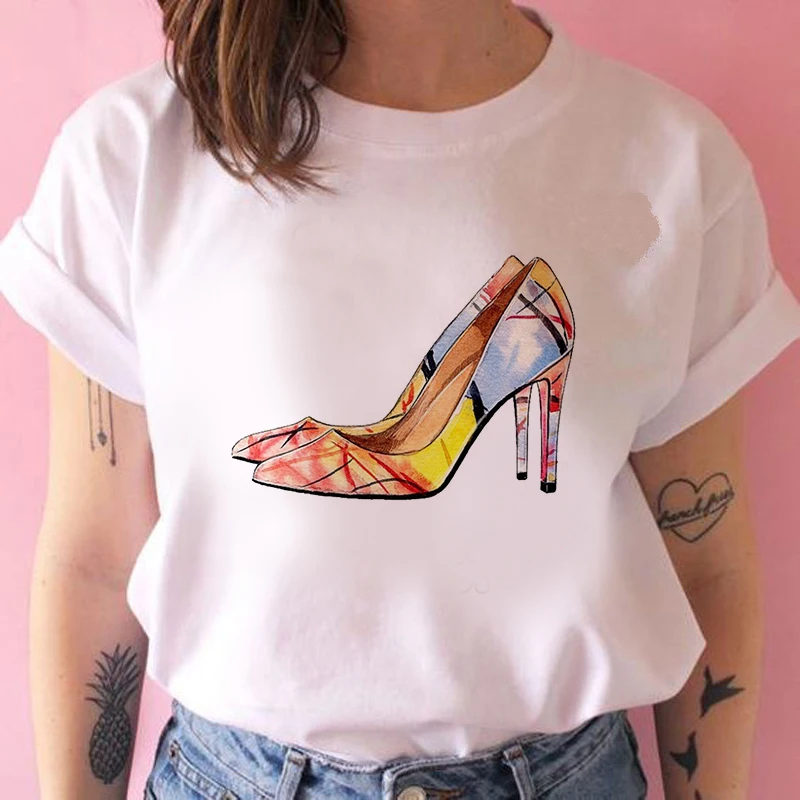 Summer Casual Women T shirts Close up of cartoon high heel Printed Fashion clothing Harajuku Casual Korean Style Tops female Tee