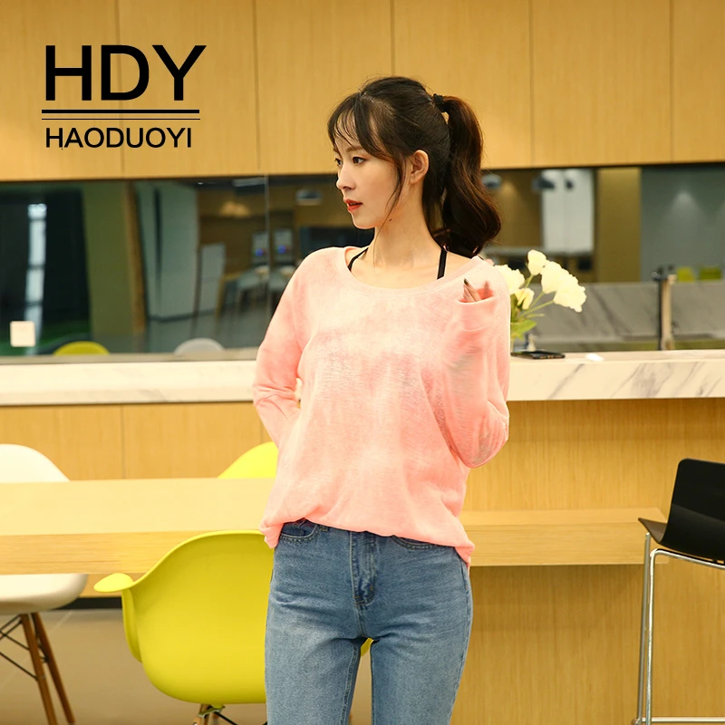 

HDY Haoduoyi New Fashion Autumn Tops Stylish Leisure Ladies Simple Coat Bat Sleeve Long Sleeve Round Neck Solid Color T-shirt