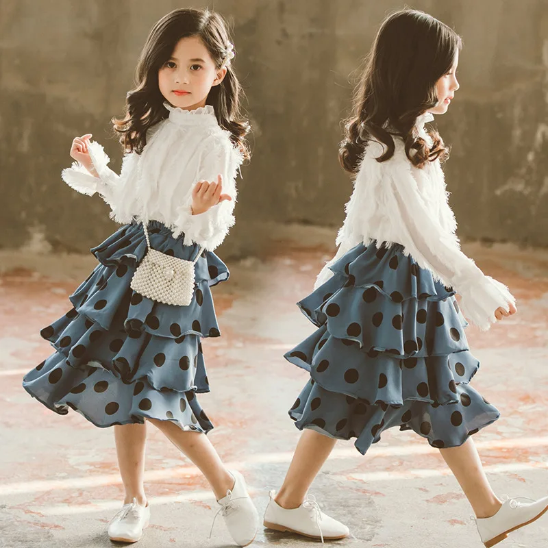 Girls Spring Autumn Clothing Set 2019 Big Children Feather Chiffon Shirt Polka Dot Cake Skirt 2Pcs Clothes 4-13t | Мать и ребенок