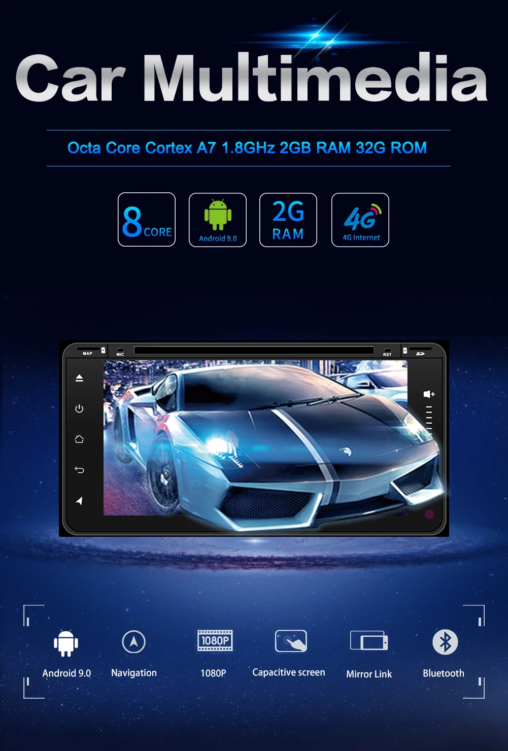 Clearance Octa Core Android 9.0 For Toyota Car DVD Player 200*100mm with Wifi BT SWC RDS FM AM Support DAB+ OBD 4G Double Din 32G ROM 1