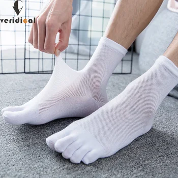 

VERIDICAL 5 pairs/lot Combed cotton Five Finger Socks for mans breathable mesh summer solid party dress crew socks with toes
