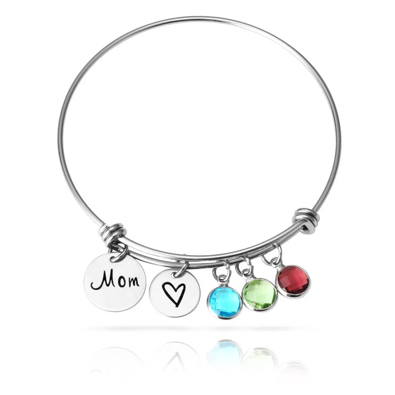 Engraved Names Mom Heart Stainless Steel Round Charms Personality Bracelet Birthstones Custom Names Bangle Mother's Day Gift