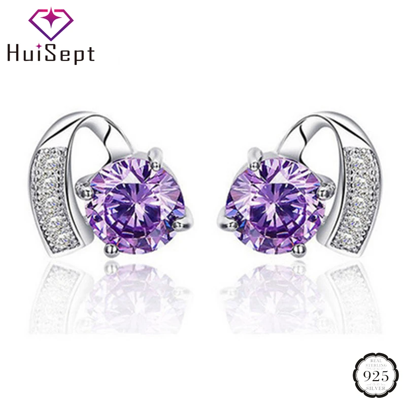

HuiSept Fashion 925 Silver Stud Earrings for Female Amethyst Zircon Gemstones Earrings Jewellery Wedding Promise Gifts Wholesale