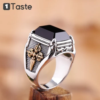 

ONE TASTE 925 Sterling Silver Black Agate Men's Rings Carved Buddhism Vajra Pestle Sanskrit Acalanatha Ring Fine Jewelry