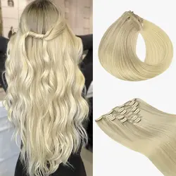 POPUKAR Clip in Hair Extensions Human Hair 18 Inch Platinum Blonde Hair Extensions Straight Remy Human Hair Extensions Clip on