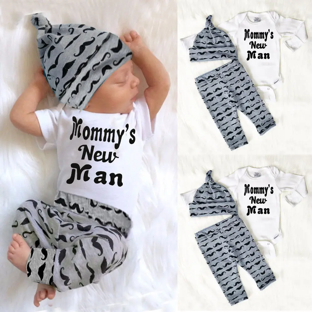 Cute Infant Baby Boy Clothes Sets 2020 Summer Lovely Mommy's New Man Mustache Print Bodysuit Tops+Long Pants+Hat Outfits A0029