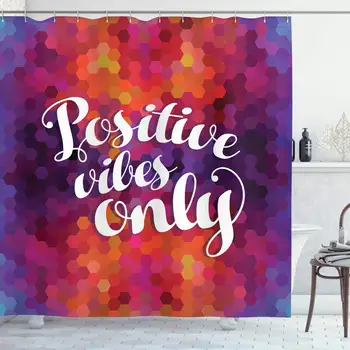 

Geometric Shower Curtain Positive Vibes Only Message Honeycomb Hexagonal Pattern with Colorful Design Bathroom