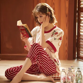 

2020 Summer Women Cartoon Cute Pajama Set Casual Pyjama Set Short Sleeve Sleepwear Nightsuit Female Nightshirt Sets