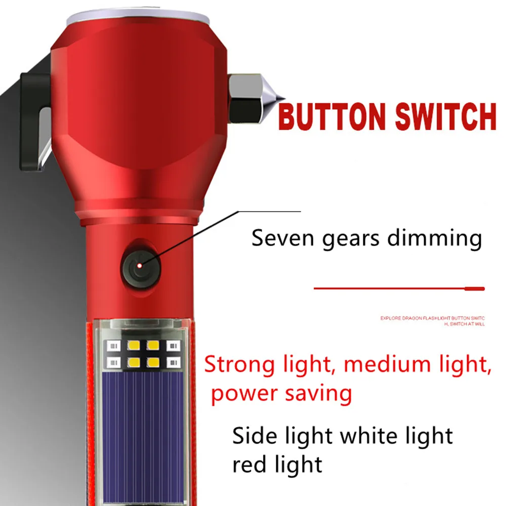 Car fire safety hammer magnet adsorption alarm glare flashlight solar energy LED lighting seat belt cutter mobile phone charging