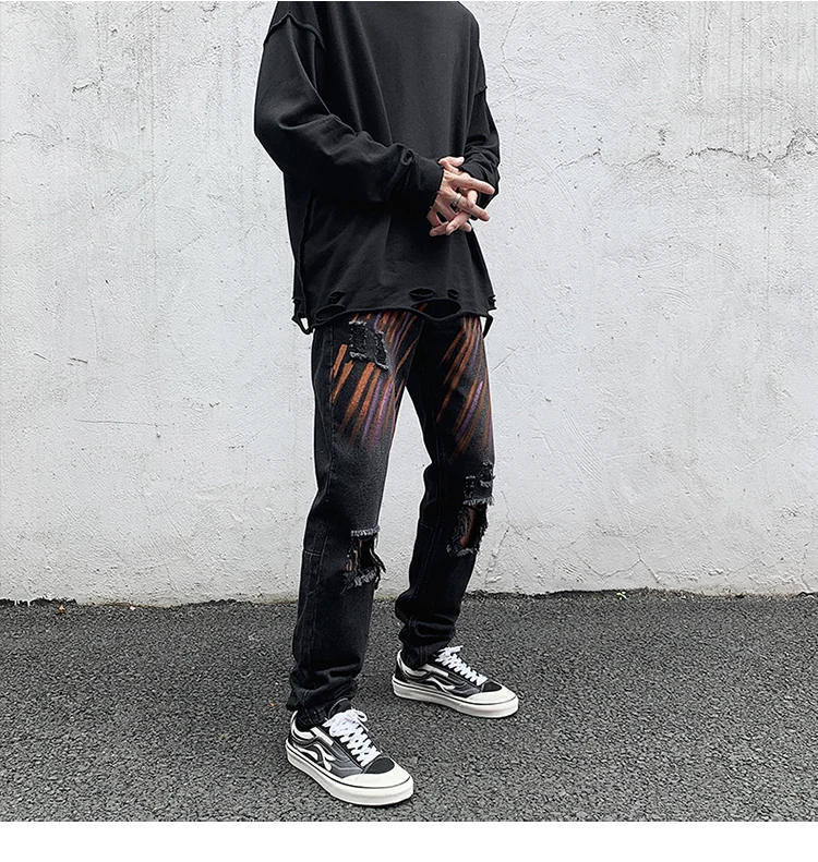 ICCLEK Pants High Street Jeans Ripped Ink-splattered Jeans Men's 2021 New Loose Straight-leg Pants Mens Pants  Streetwear Men