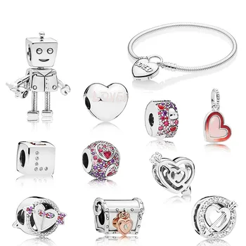 

2019 NEW 100% 925 Sterling Silver Valentine's Day Rob Bot CLUB Dice Sparkling Arrow Charm Loved Heart Clip Pendant Bracelet Gift