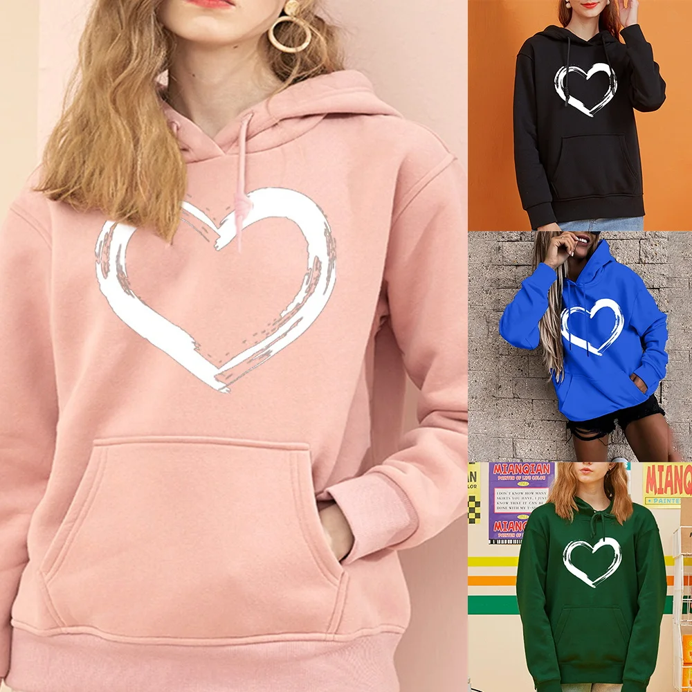 Women's Fashion Long Sleeve Hoodies Loose Pocket Sweatshirt Simple Love Print Ladies Casual Pullover Girls Hoodie Harajuku Tops