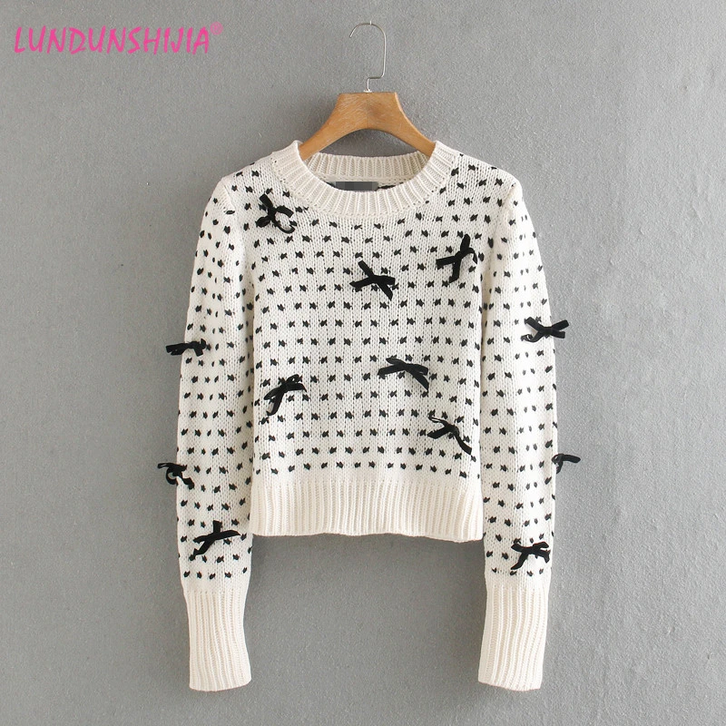 LUNDUNSHIJIA Women Sweaters 2020 New Spring O-Neck Long Sleeve Bow Decoration Knitting Short Style Slim Pullovers Top | Женская одежда