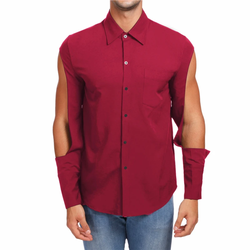fashion hole sleeve mens hip hop shirts cotton streetwear new brand mens slim fit shirt long sleeve