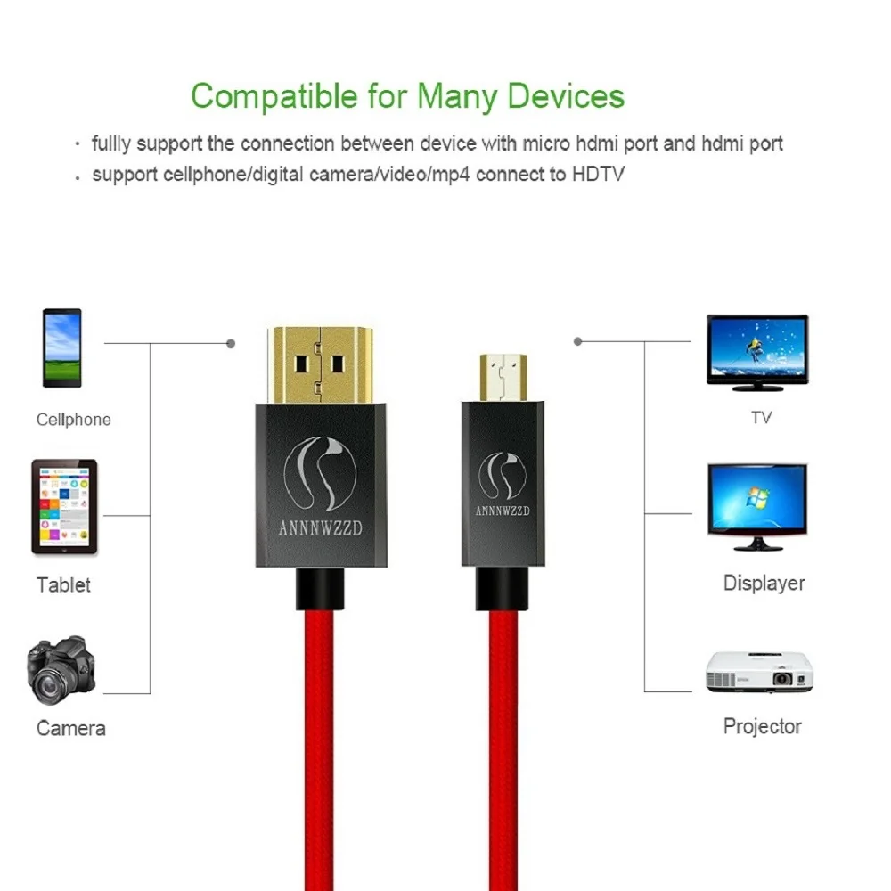 Micro HDMI Cable Micro HDMI to HDMI Cable 1.4V 3D Male-Male High Premium Gold-plated Micro HDMI Adapter for Tablet HD TV Camera