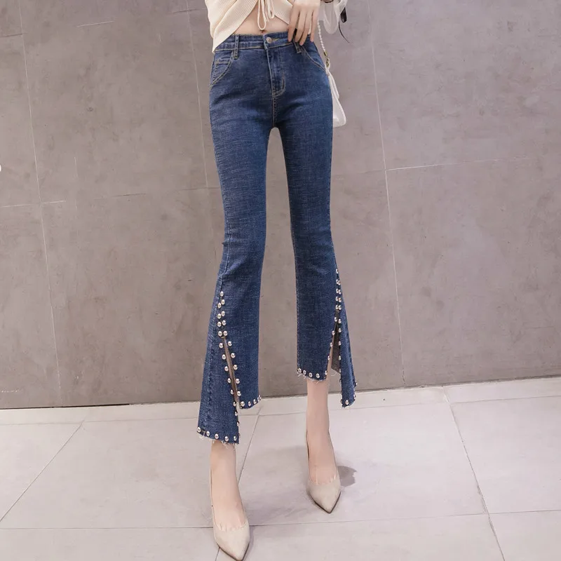 

Women High Waist Jeans Sexy Split Beading Denim Flare Pants Jeans High Streetwear Skinny Ankle-Length Pants Blue Jeans Woman