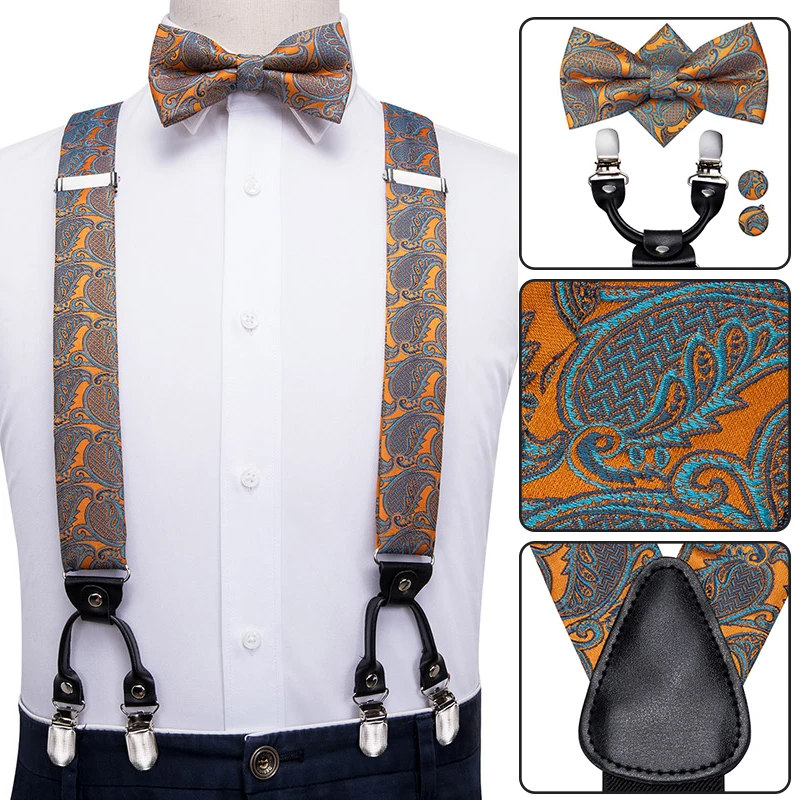 Hi-Tie, шелковые, для взрослых, мужские подтяжки, набор, кожа, металл, 6 зажимы подтяжек, золотые, коричневые, цветочные, винтажные, мужские, эластичные, свадебные подтяжки