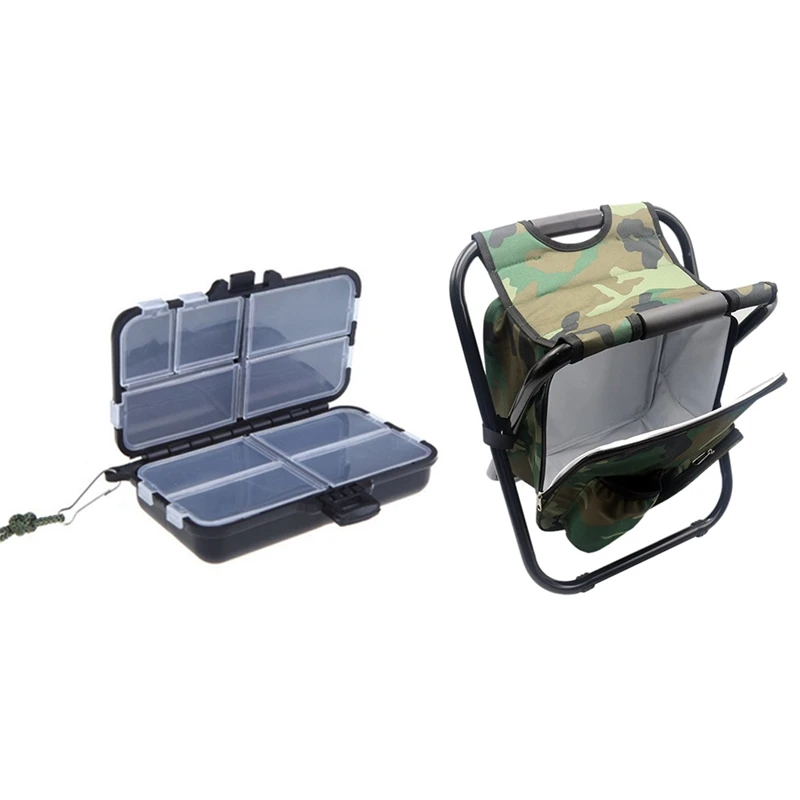 1Pcs Black Fishing Tackle Box Lures Hooks 8 Compartments &amp 1pcs Portable Camping Folding Backpack Chair Camouflage | Спорт и