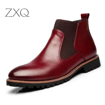 

Autumn Winter 2019 Men Chelsea Boots Black Red Yellow Microfiber Leather Brogue Boots Bullock Men Casual Shoes Big Size 38-46