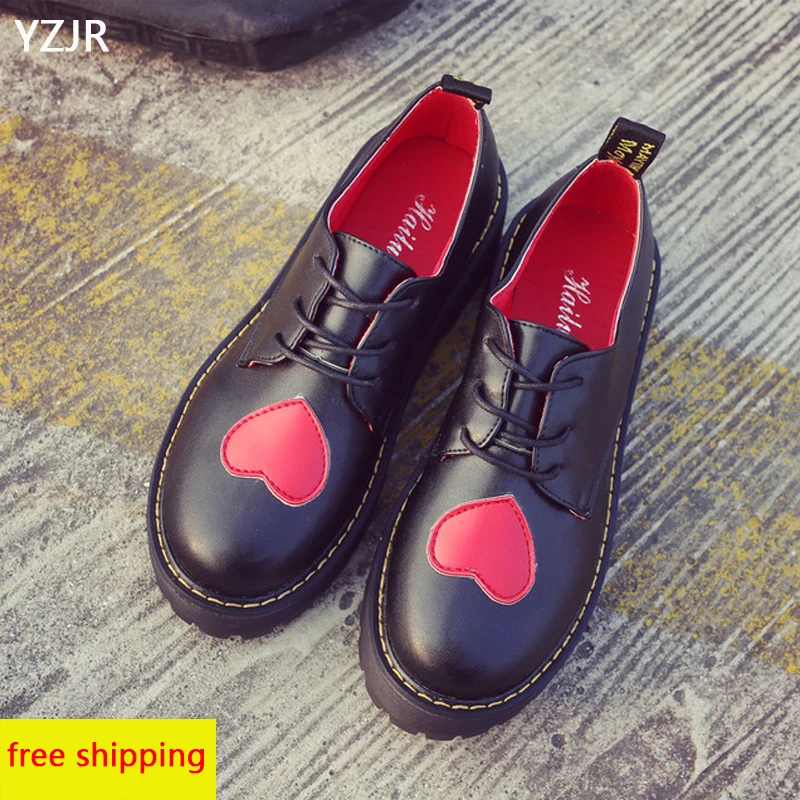 

YZJR free shipping British wind women's shoes thick bottom sponge cake round head tie red heart casual women's shoes size 35-39