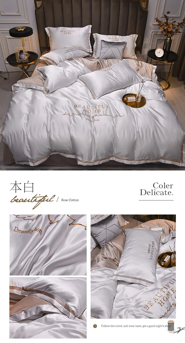 Luxury Bedding Sets Pink Grey White Rayon Embroidery Sheet Quilt Pillowcase Comfortable Soft Fluffy Bedding King Queen 4pcs