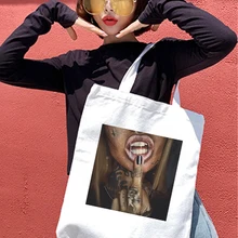 Женская Холщовая Сумка-тоут, лаконичная черная девушка, с принтом, на плечо, тканевая сумка, Харадзюку, гранж, эстетичная дамская сумка для покупок, сумка для книг